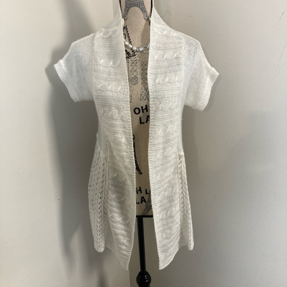 New York At Last Women’s Cream Short Sleeves Bohemian Knit Open Cardigan